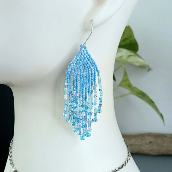 Boho Chic Beaded Fringe Cascade Shoulder Duster Dangle Earrings, 3.25" - Picture 1 of 7